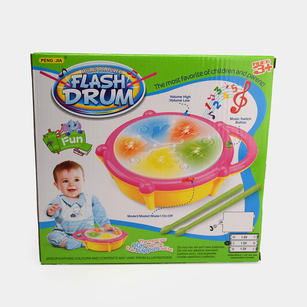 Box of a Flash Drum toy with a child playing on it, featuring colorful design and branding.