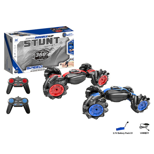 Toy stunt set with remote controls and packaging on a white background