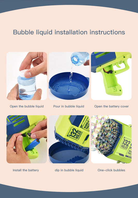 132-Hole Bubble Gun Bazooka – Rechargeable Gatling Bubble Machine for Kids