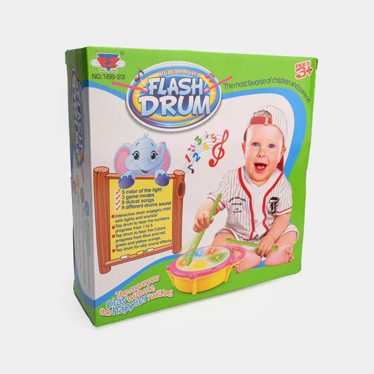 Box of a children's toy called 'Flash Drum' with a cartoon elephant and baby on the packaging.